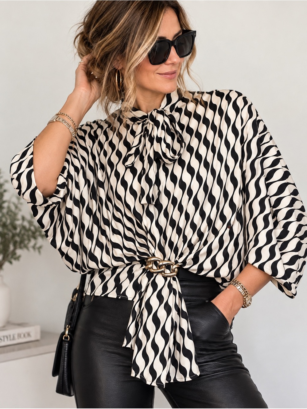 Retro Black & Ivory Wavy Print Tie-Neck Blouse | Draped Statement Top
